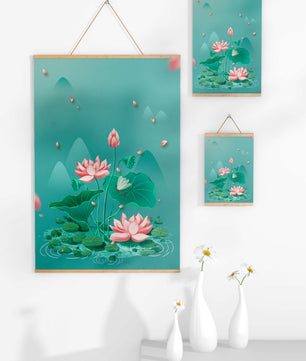 Illustration sereine de fleurs de lotus dans un étang paisible avec des montagnes