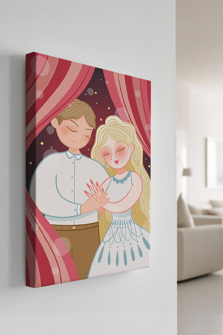 Romantic couple under red curtains with gentle embrace