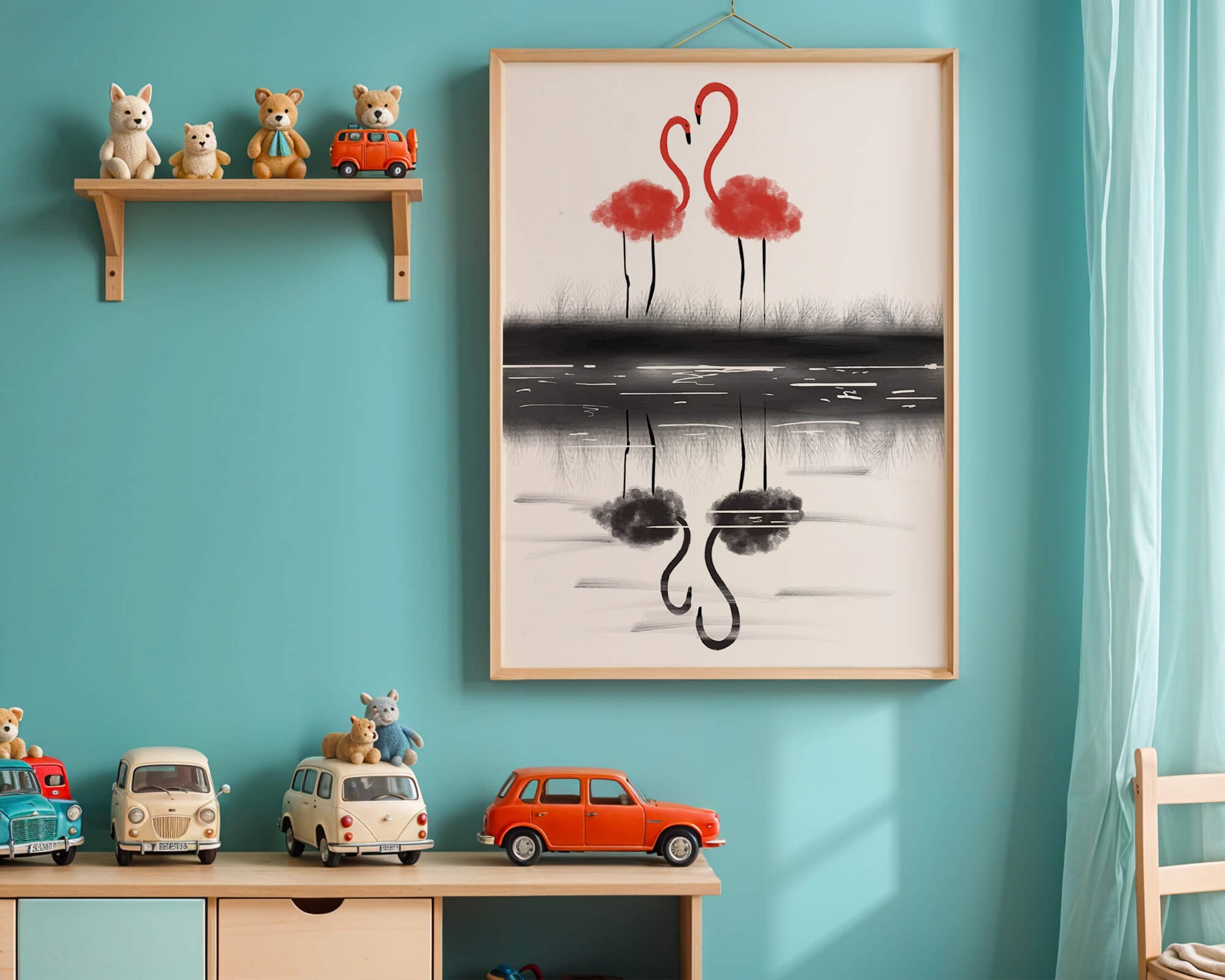 Flamencos elegantes reflejándose en el agua con un contraste artístico