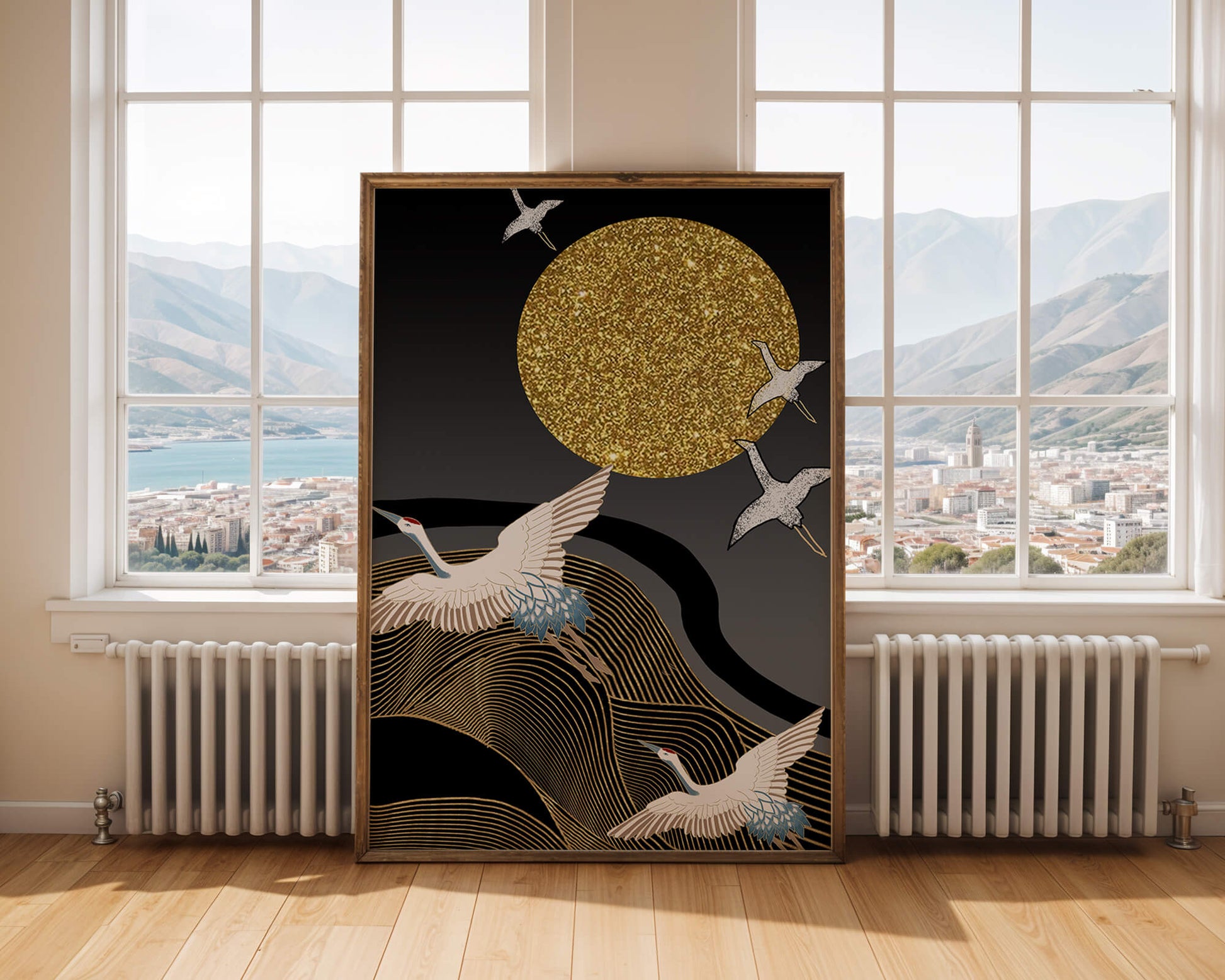 Elegant Cranes Soaring under a Golden Sun