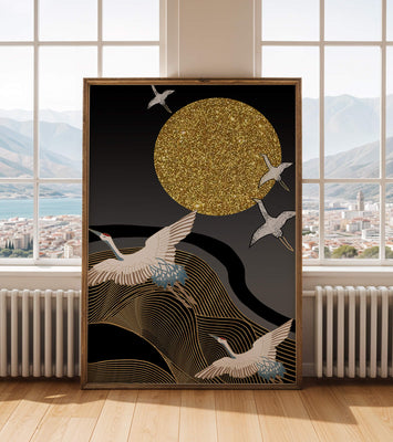 Elegant Cranes Soaring under a Golden Sun