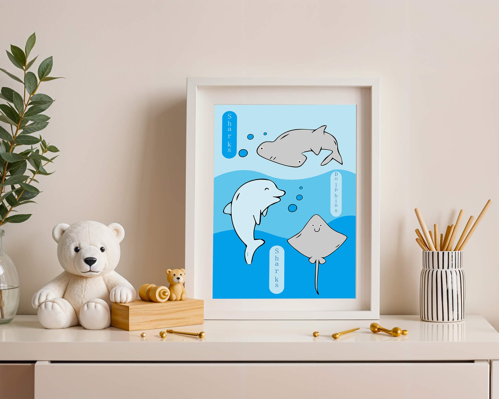 Cartoon sea animals illustration with shark, dolphin, and stingray