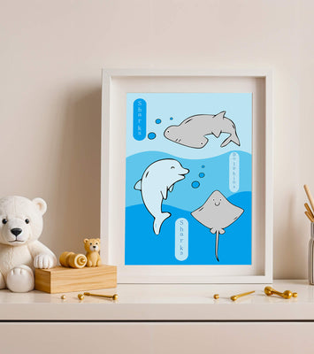 Cartoon sea animals illustration with shark, dolphin, and stingray