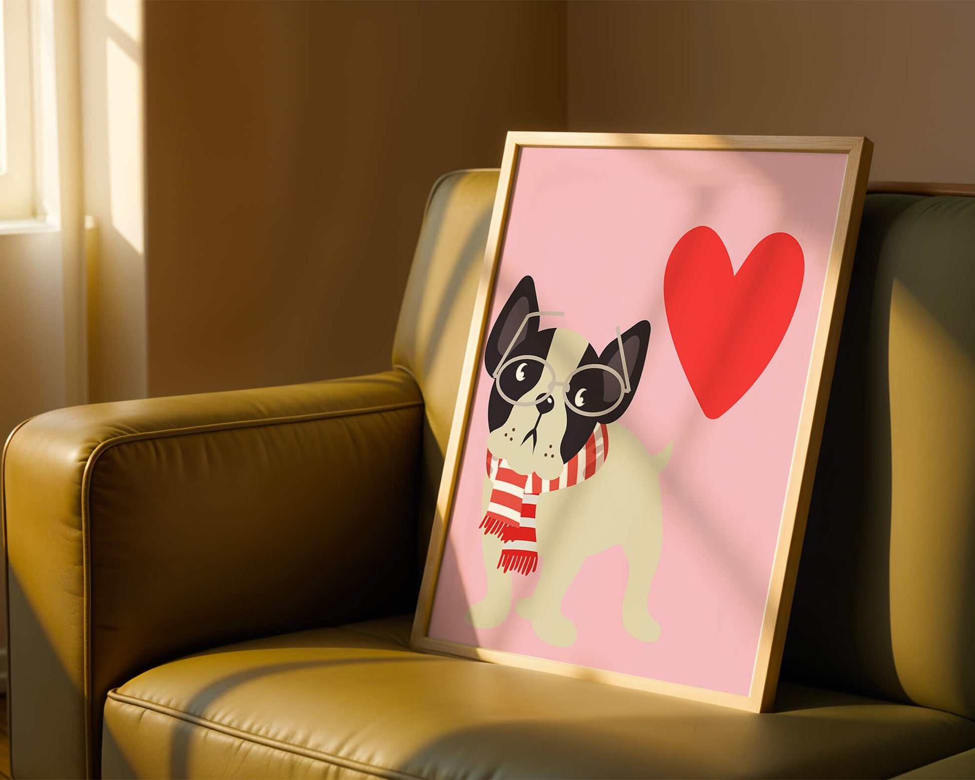 Ilustración lúdica de un bulldog francés con gafas y bufanda sobre fondo rosa con corazón