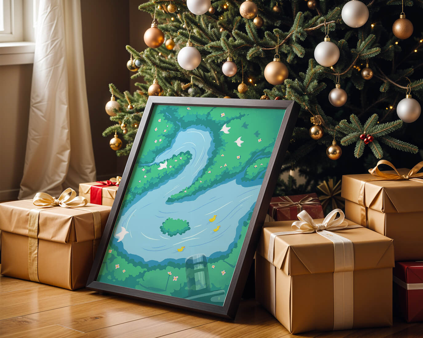 Río sereno con patos y aves en un paisaje exuberante