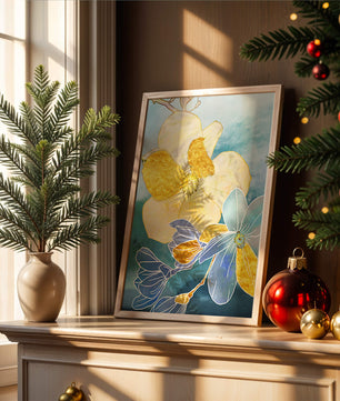 Abstract Floral Art with Golden Accents on Blue Background