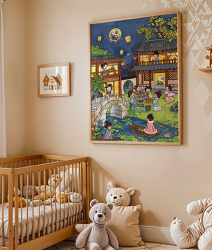 Traditional Chinese Garden Scene with Lanterns and Moon Rabbit