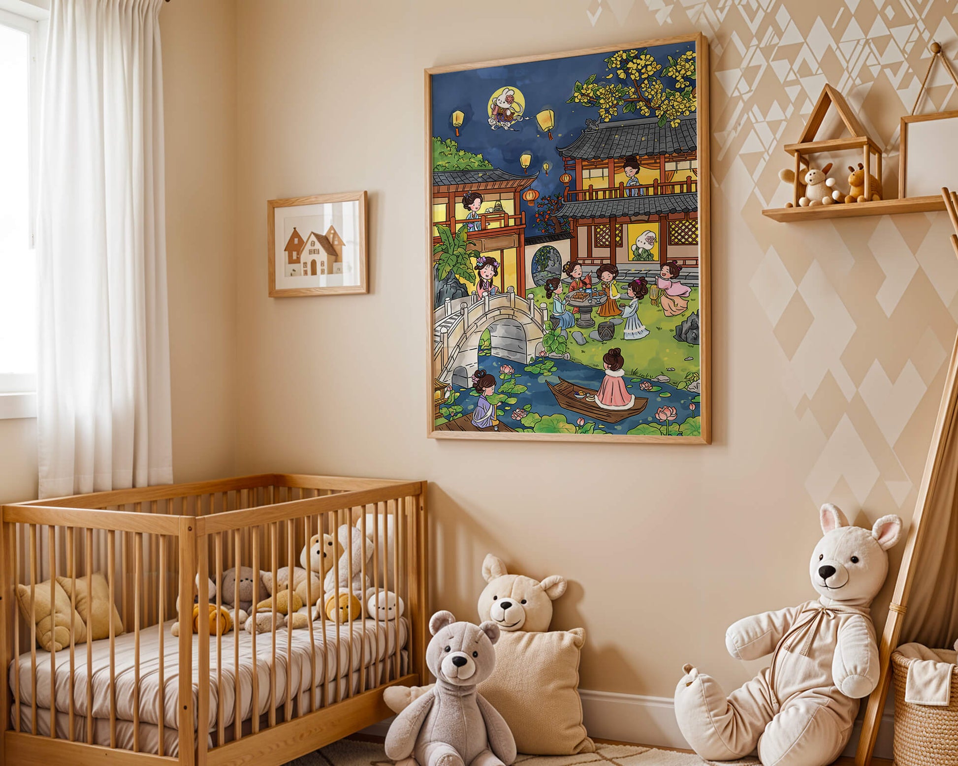 Escena de jardín chino tradicional con linternas y conejo lunar