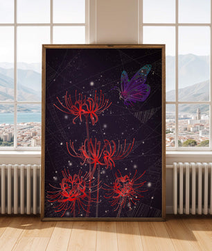 Vivid Night Sky with Red Spider Lilies and Purple Butterfly - Mi tienda