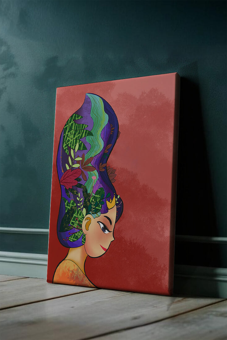 Colorful artistic portrait with nature-inspired hair design
