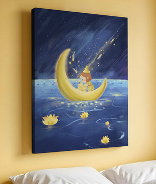 Voyage nocturne magique avec une fille dans un bateau-lune doré