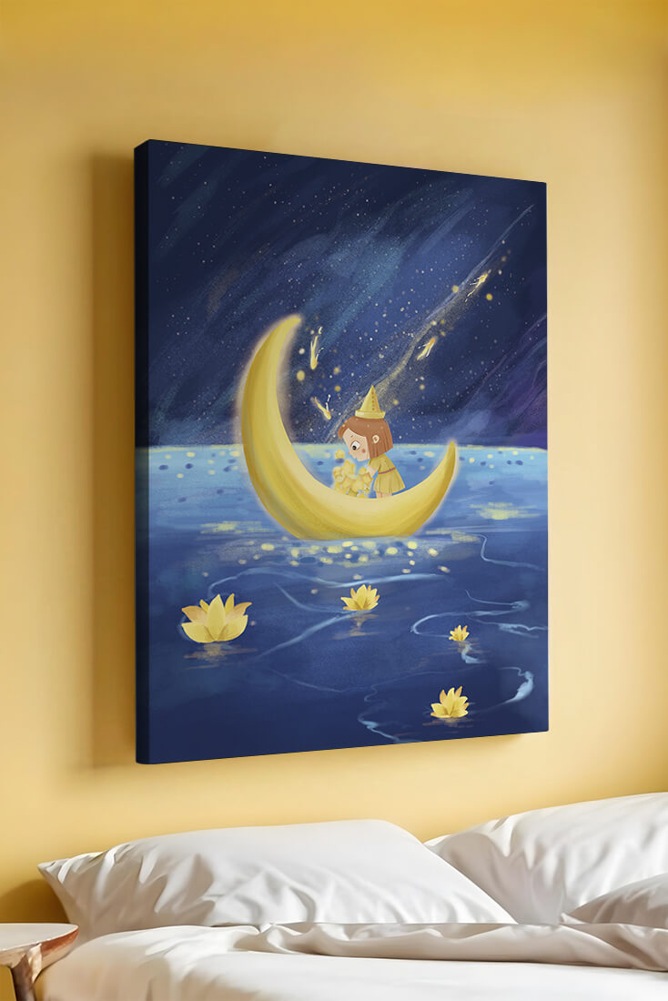 Magical Night Journey with Girl in Golden Moon Boat