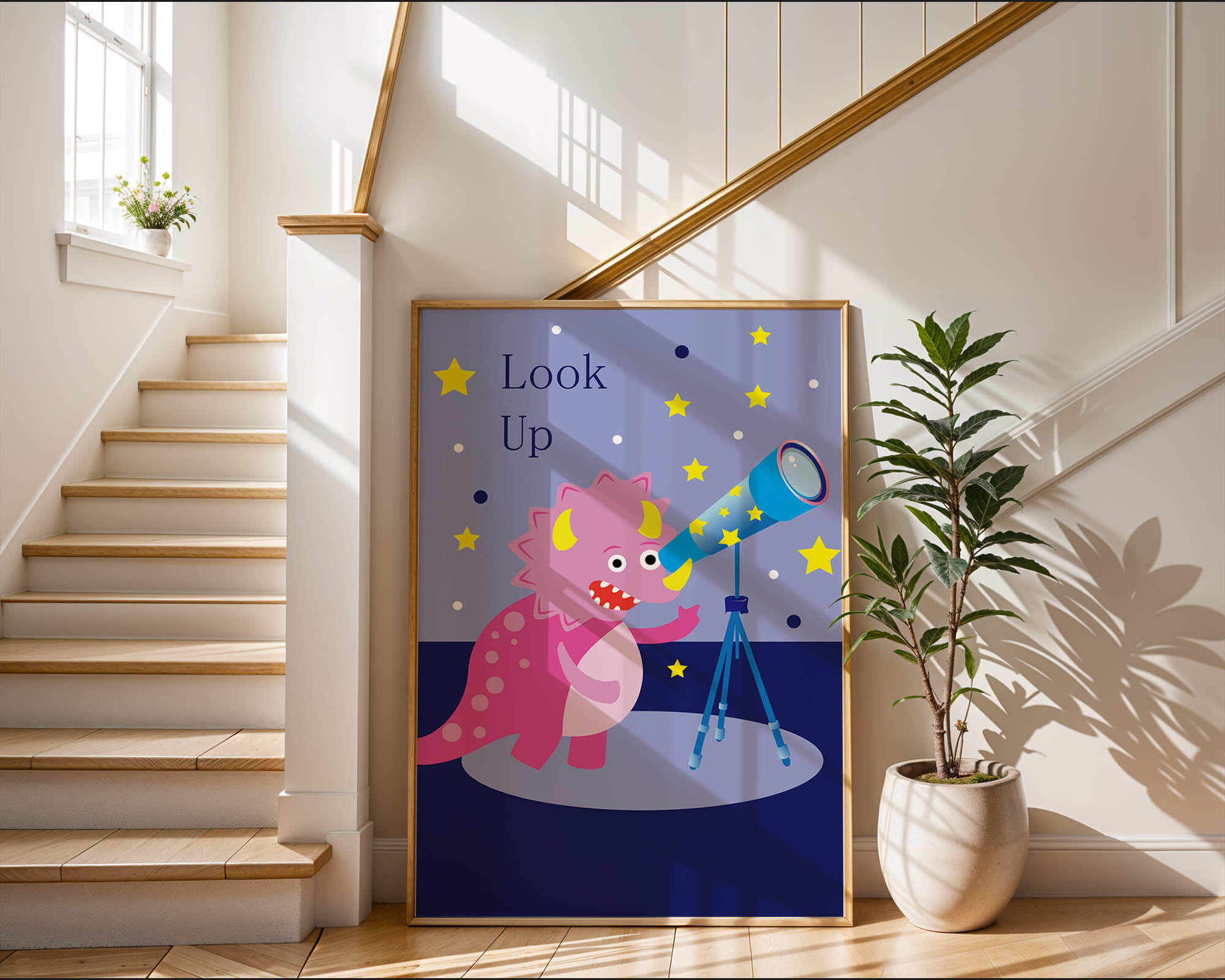 Pink cartoon dinosaur looking through a telescope with stars