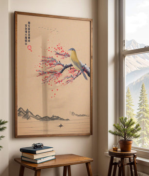 Traditional Chinese painting with bird and blossom branch over tranquil landscape
