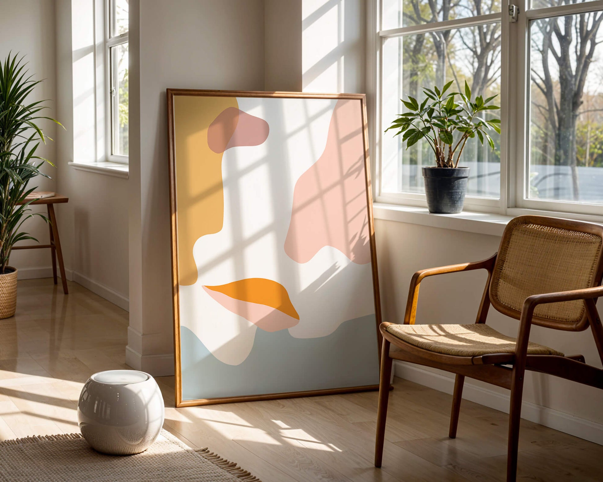 Abstract art with pastel color shapes on white background