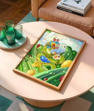 Dragon de dessin animé coloré avec des boulettes dans un paysage fantastique
