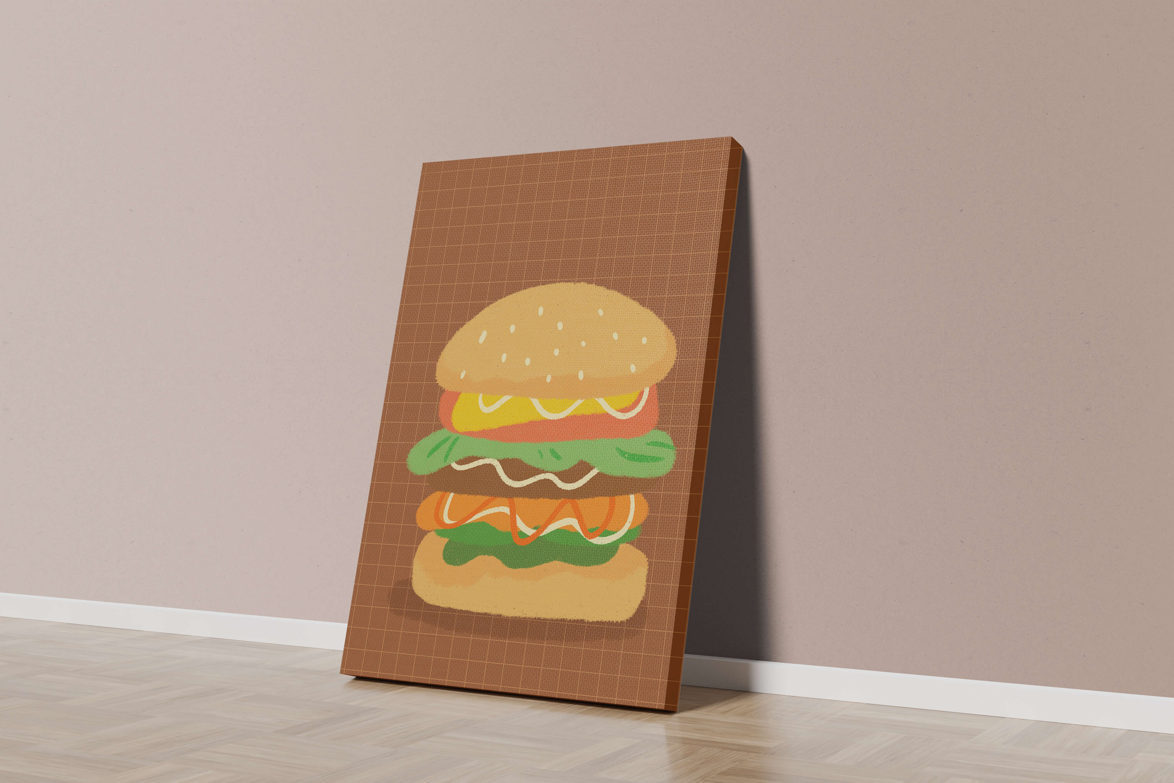 Illustrated cheeseburger with colorful layers on a grid background