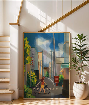 Young woman with bicycle in a quiet urban street
