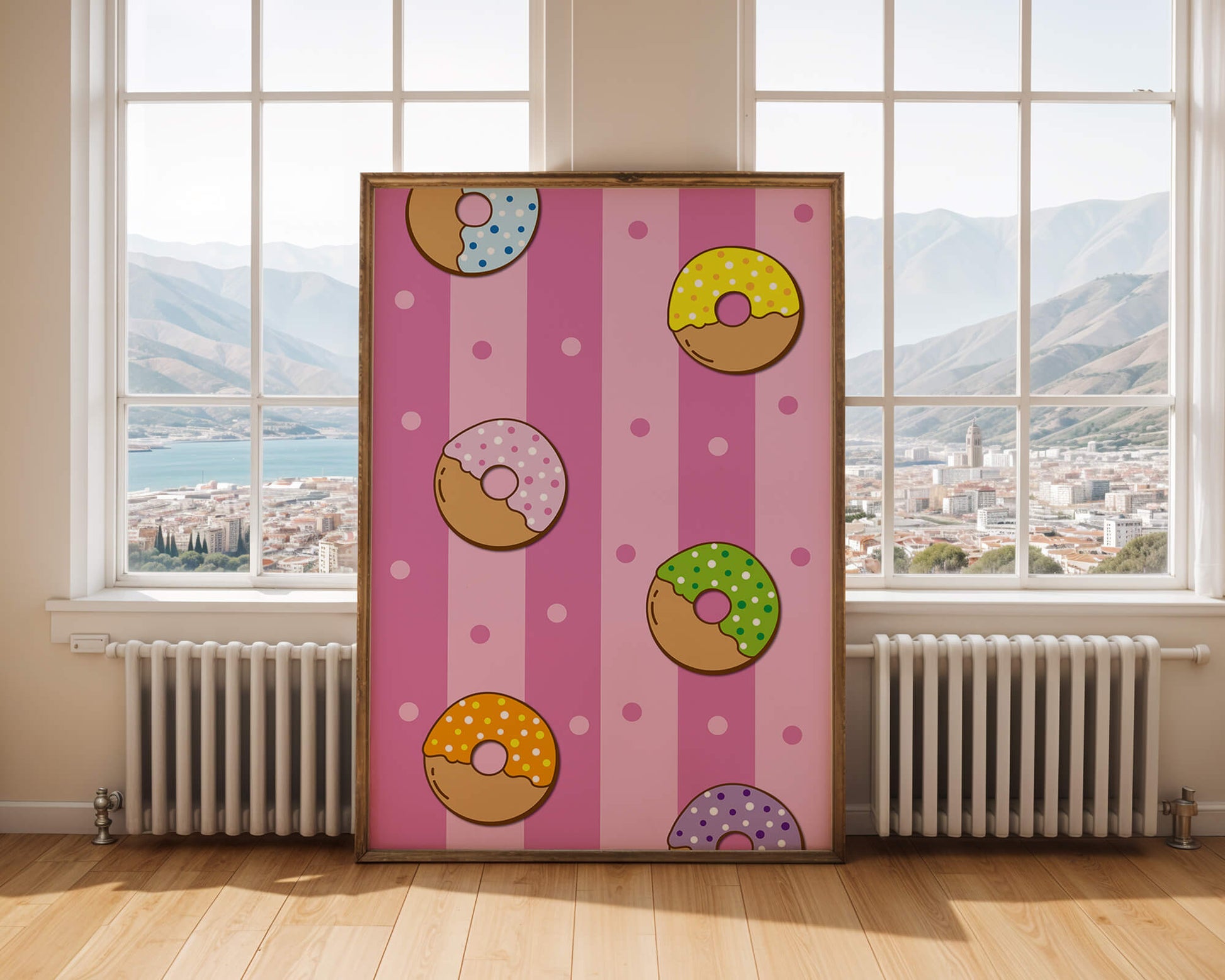 Colorful donut pattern on pink striped background