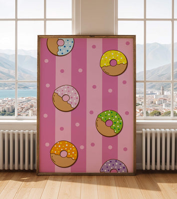 Colorful donut pattern on pink striped background