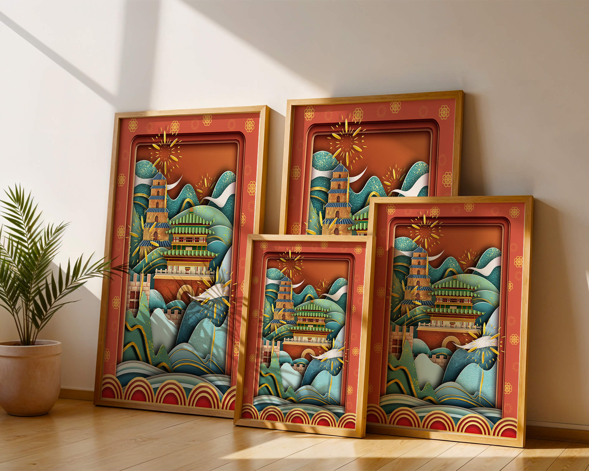 Illustrated Asian landscape with fireworks and traditional architecture
