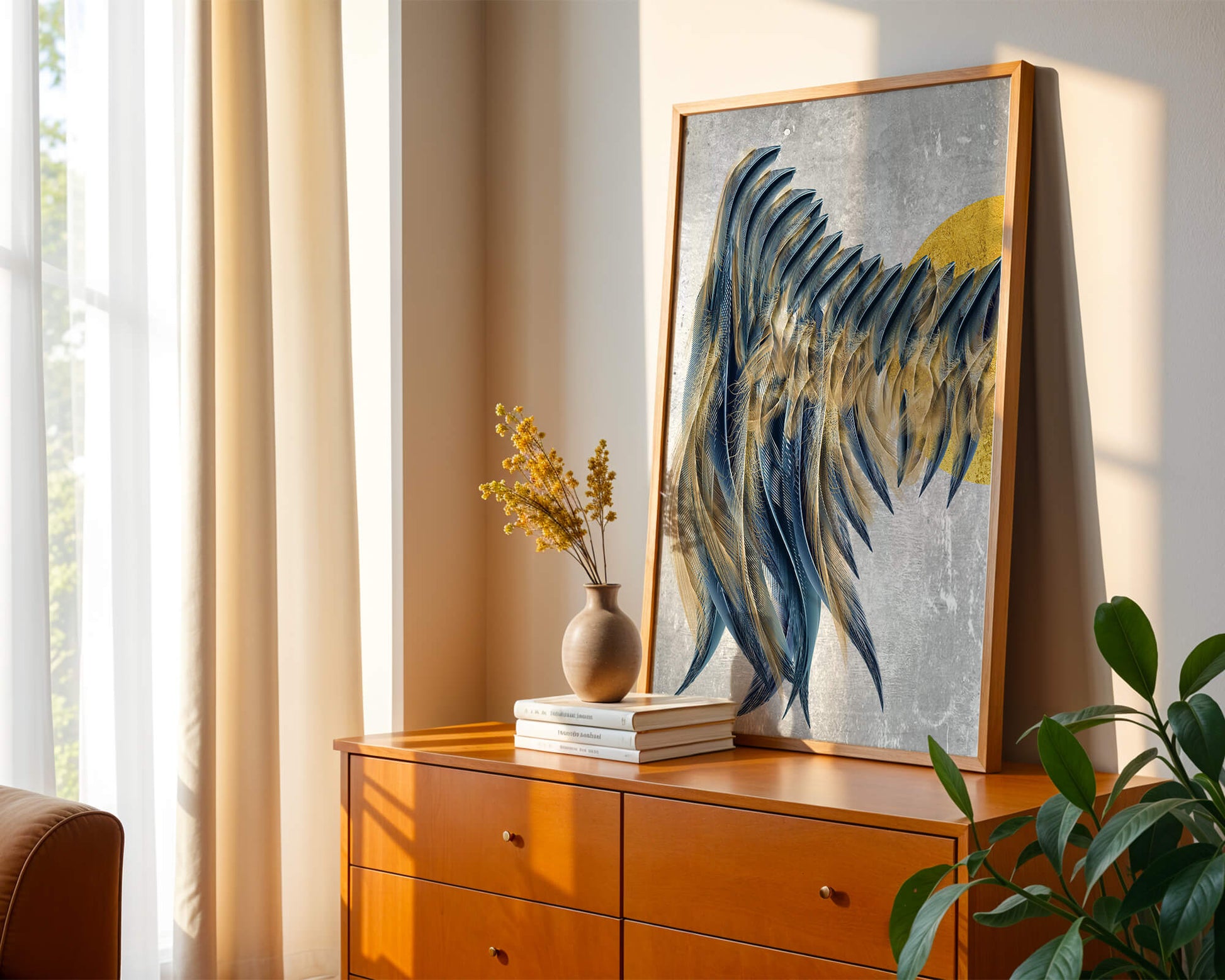 Arte abstracto de plumas con detalles dorados sobre fondo texturizado