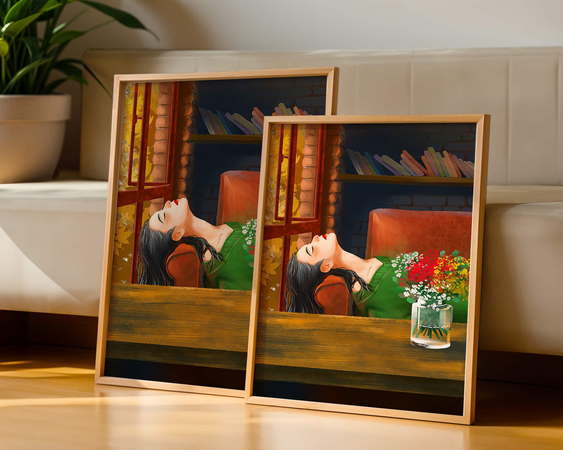 Frau entspannt sich am Fenster mit Blumenstrauß und Büchern