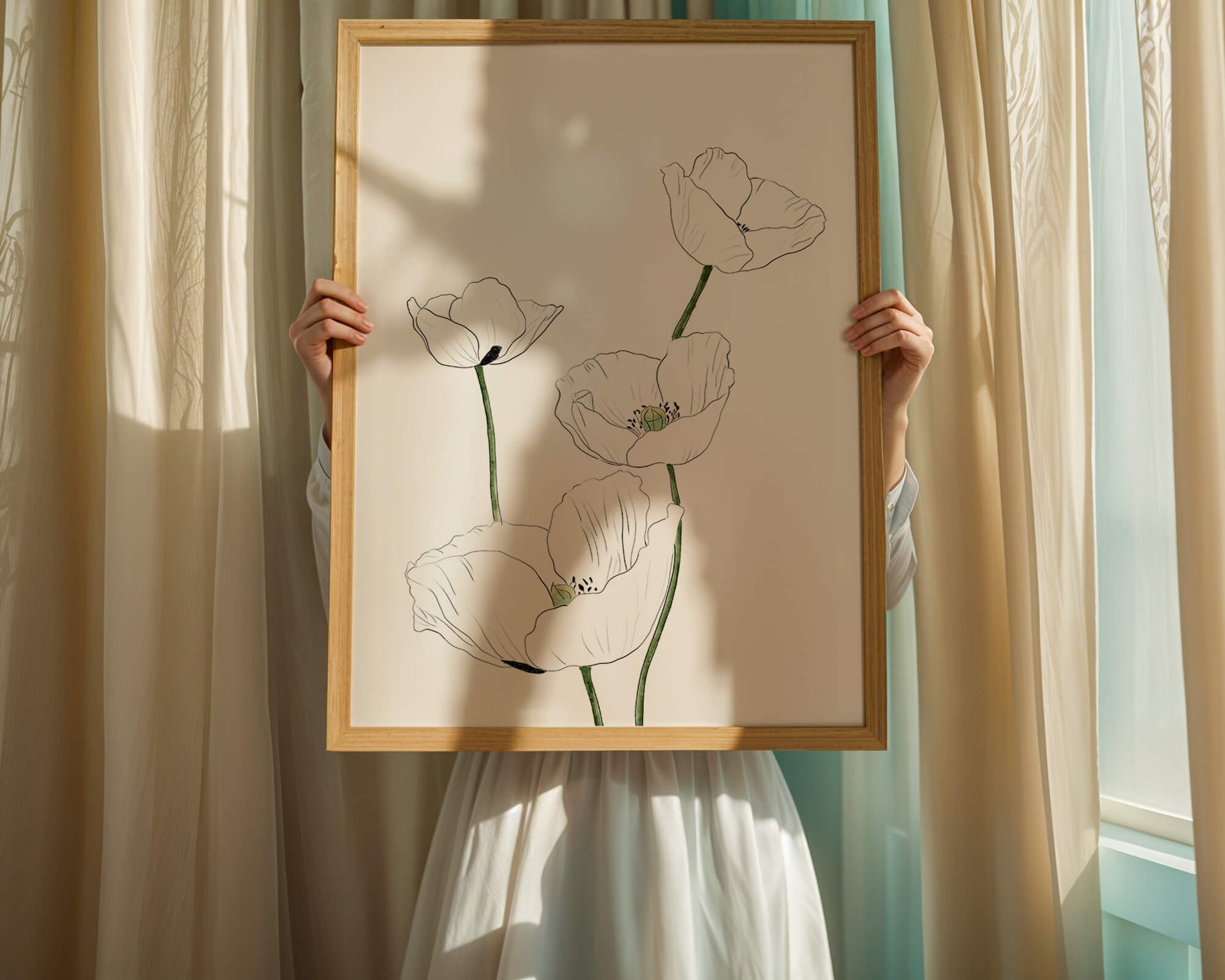 Zarte florale Linienzeichnung mit weißen Mohnblumen auf sauberem Hintergrund