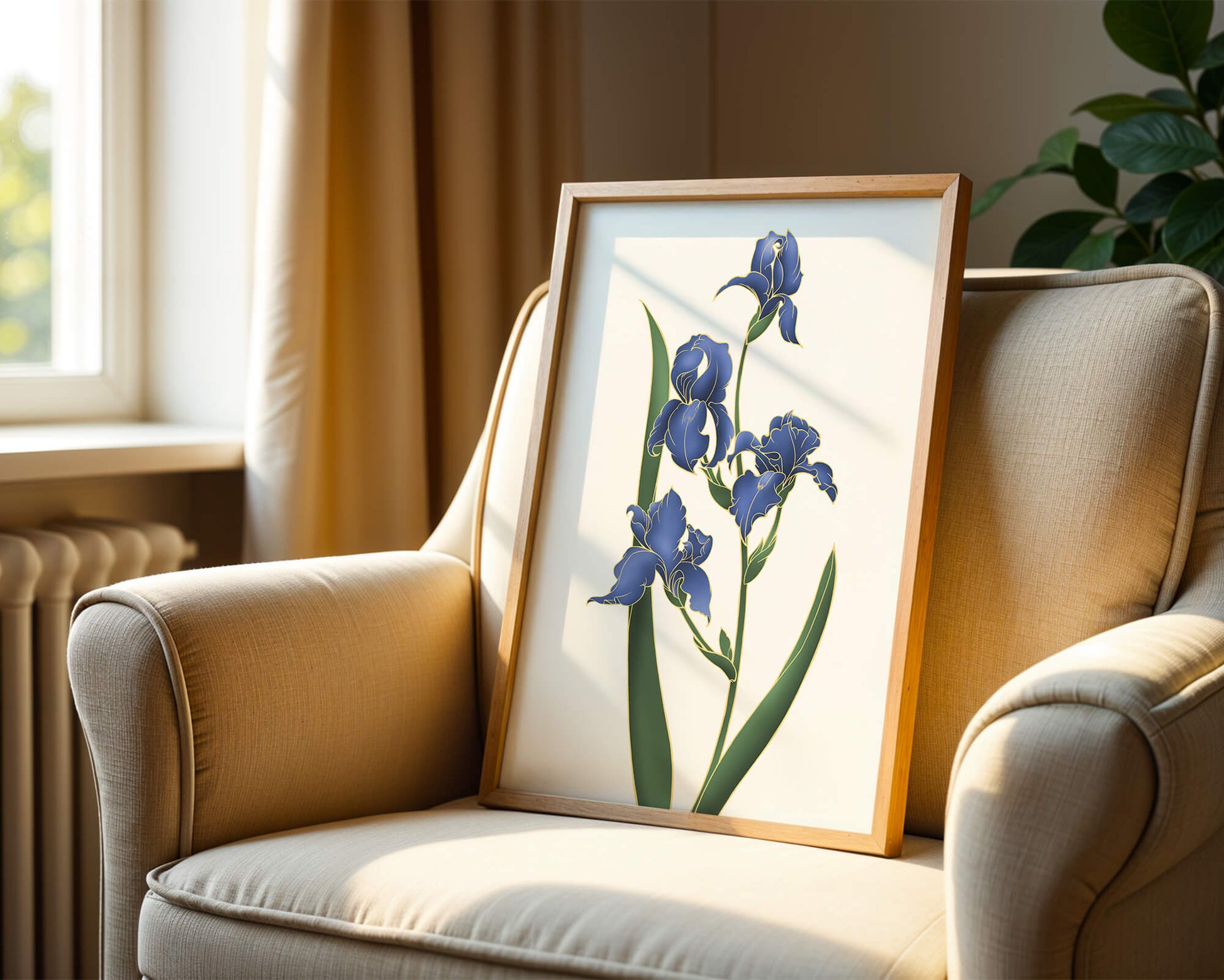 Flores de lirio azul elegantes con acentos dorados sobre un fondo blanco