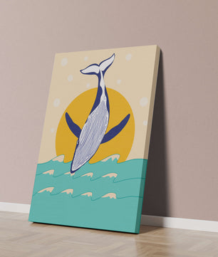 Ilustración de una ballena saltando sobre las olas con un fondo de sol
