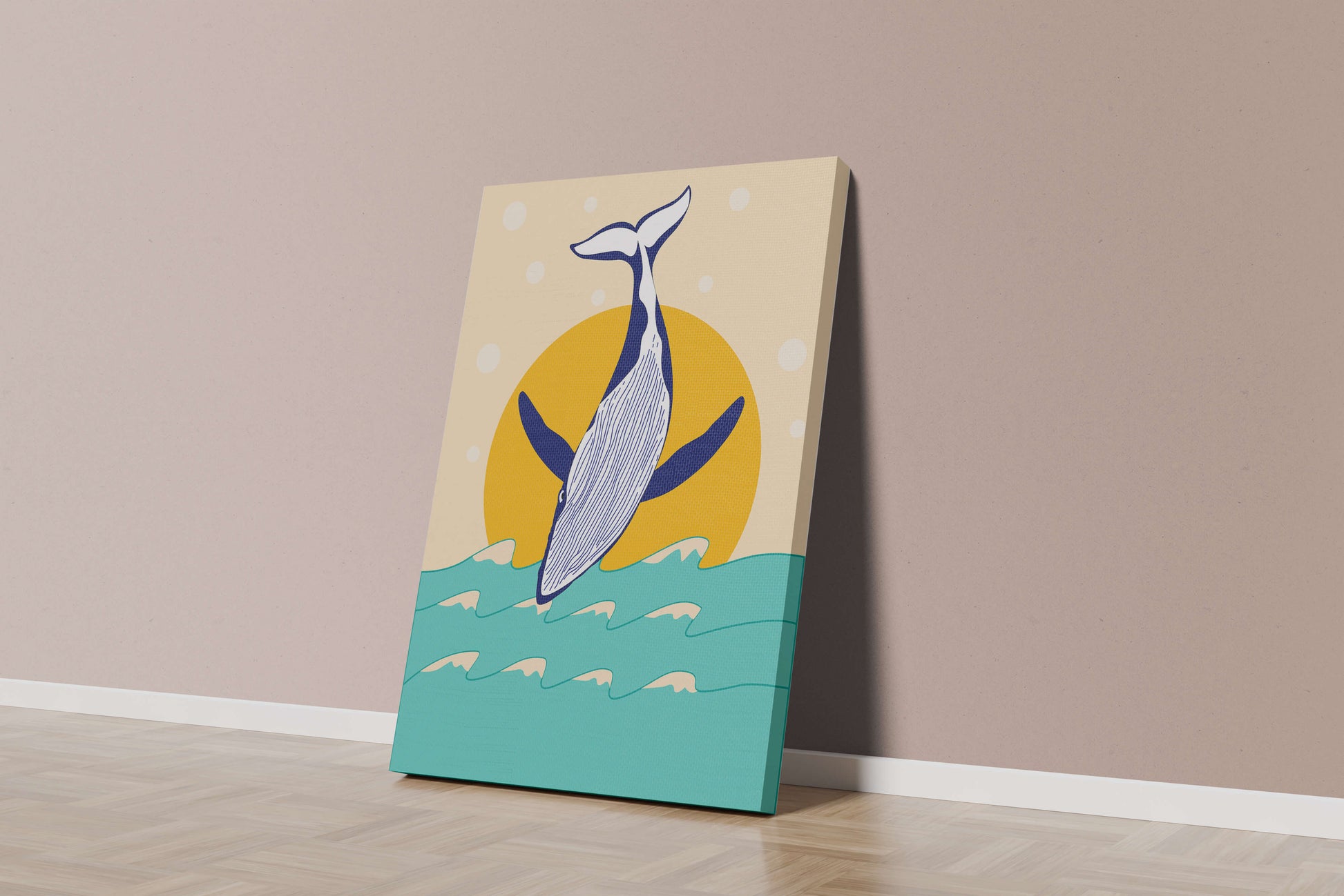 Illustration of a whale jumping over waves with sun backdrop