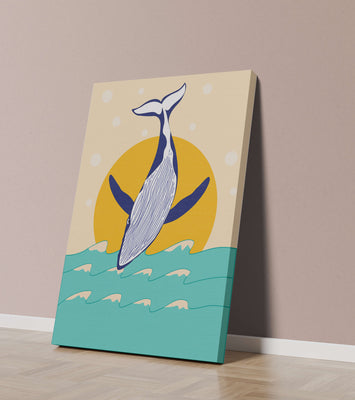 Illustration of a whale jumping over waves with sun backdrop
