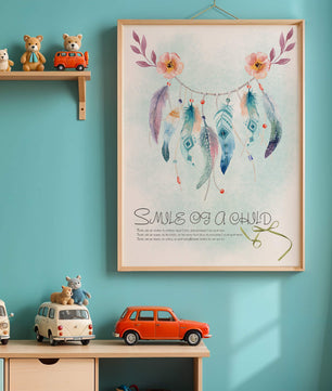 Whimsical dreamcatcher with feathers and flowers in a pastel watercolor style