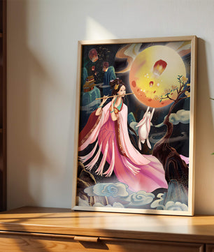 Traditional Asian Art with Flute Player and Moon Rabbit