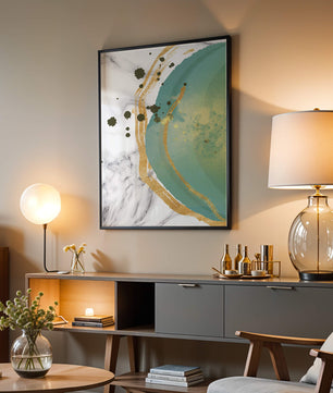 Elegant abstract design with gold accents and teal hues