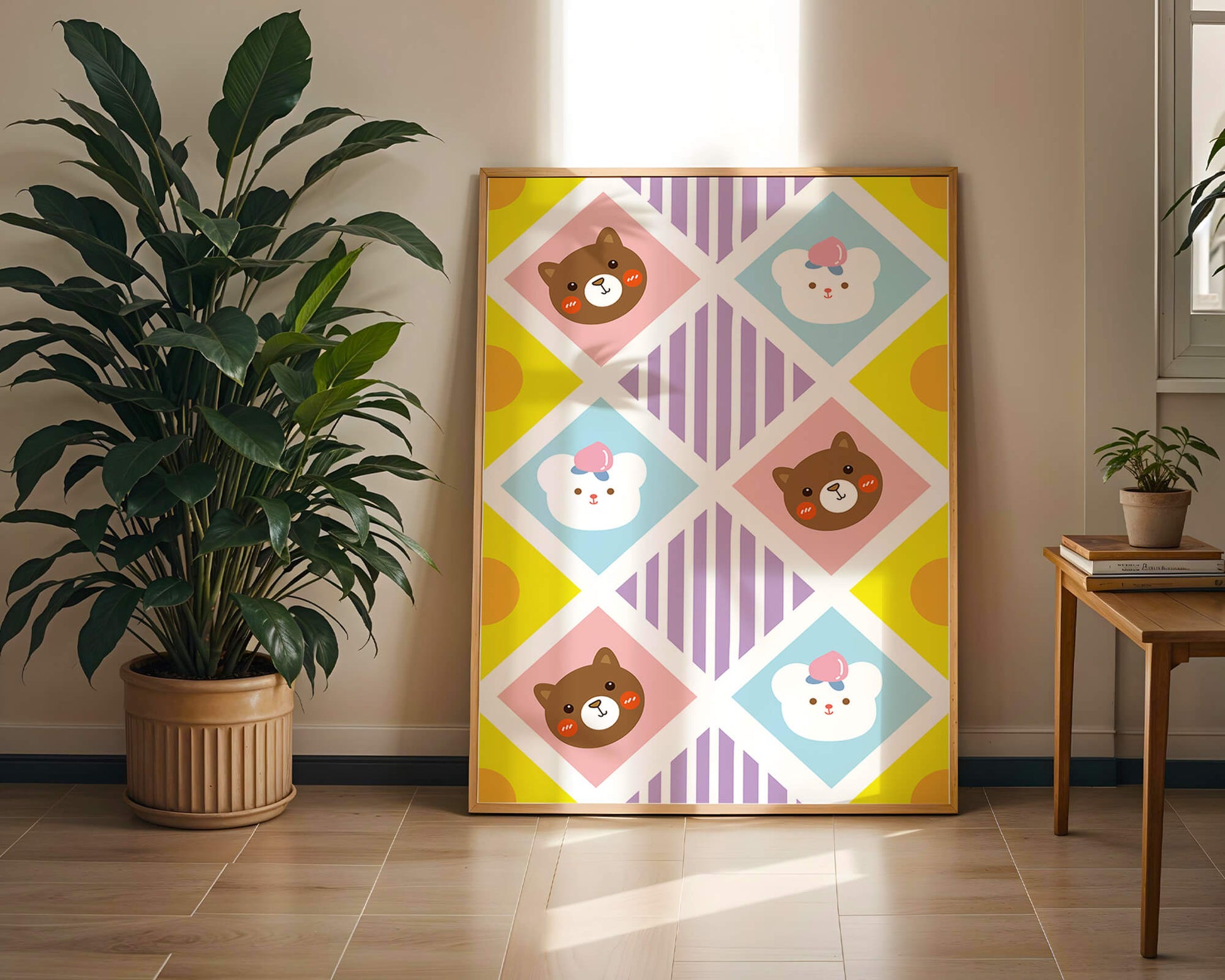 Playful geometric bear and colorful pattern for children's room decor