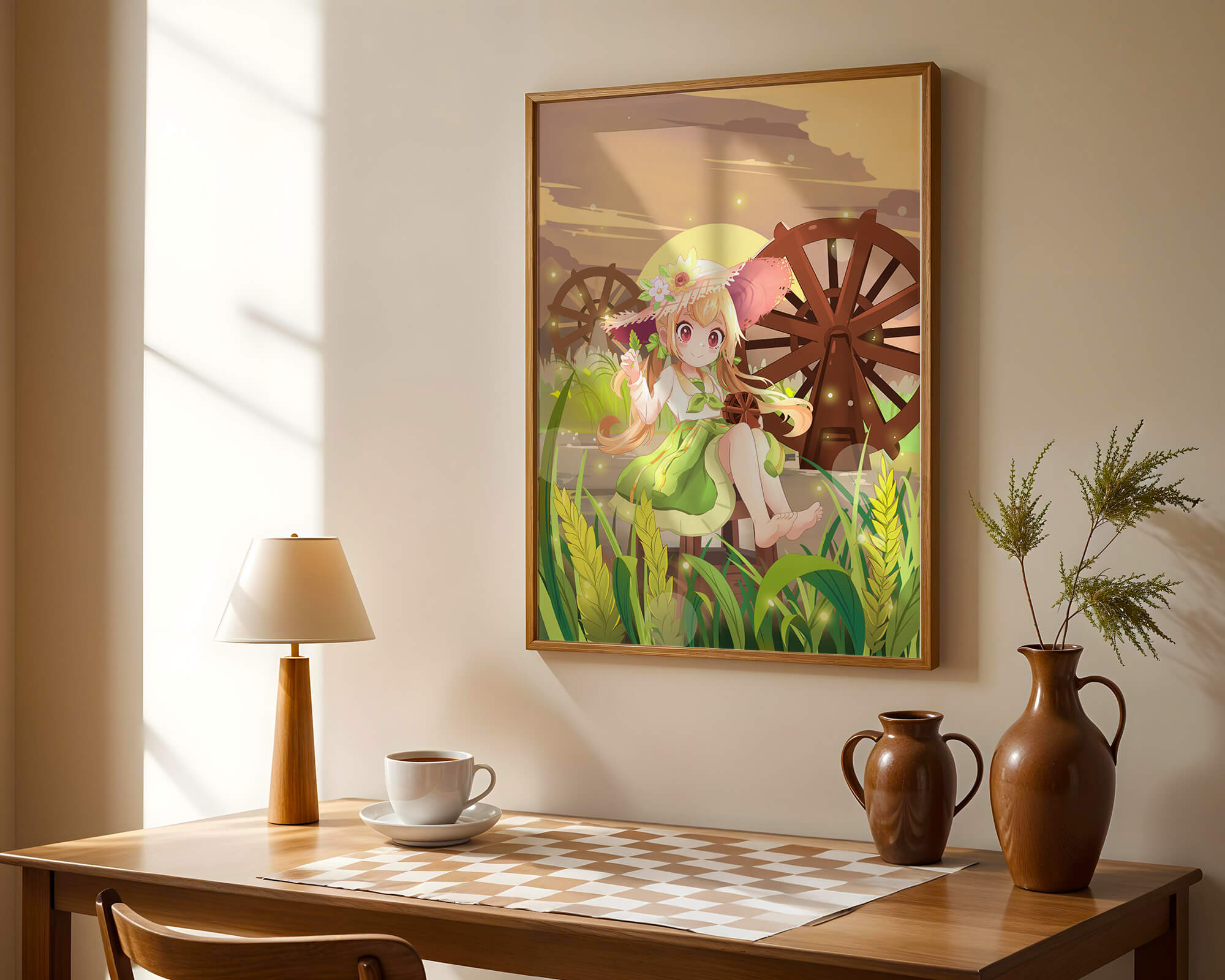 Enchanted countryside scene with a cute character and vibrant nature