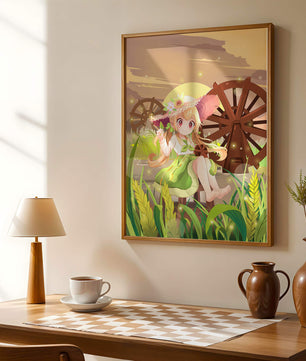 Enchanted countryside scene with a cute character and vibrant nature