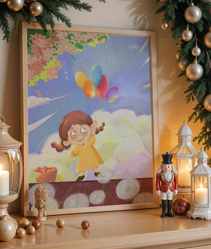 Whimsical illustration of a girl with balloons under vibrant pink blossoms