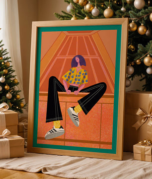 Stylish woman sitting in a vibrant geometric setting