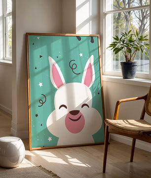 Adorable cartoon bunny on teal background with playful elements