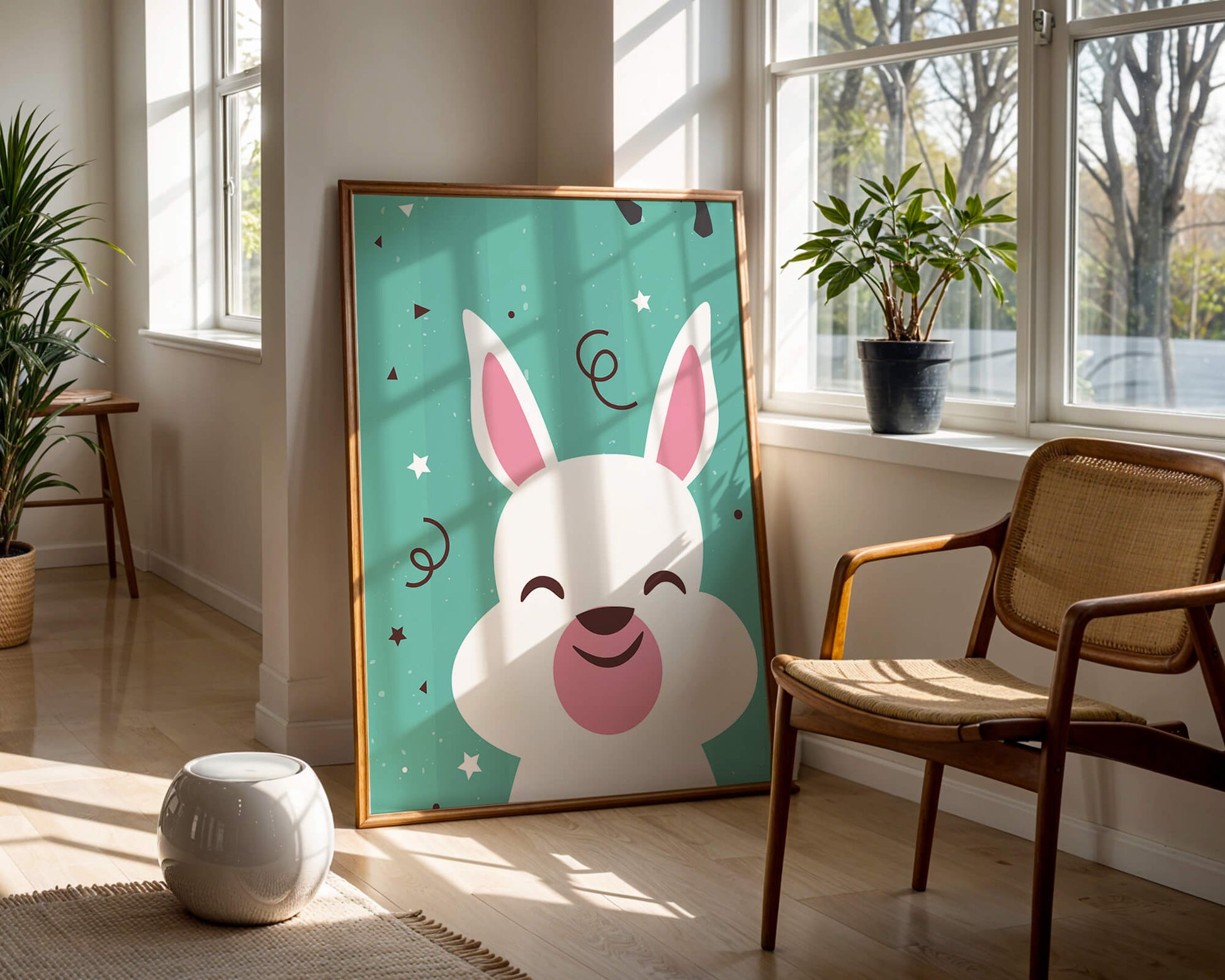 Adorable cartoon bunny on teal background with playful elements