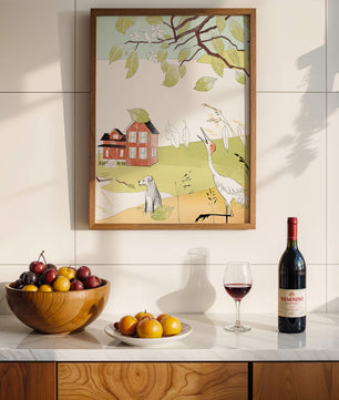 Tranquil rural landscape illustration with house, dog, and crane