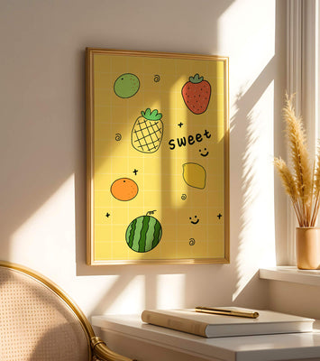 Playful fruit pattern on yellow grid background