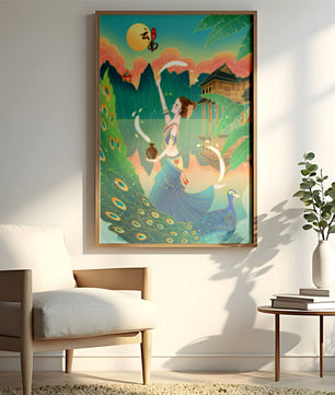 Tranquil Asian Scene with Woman, Peacock, and Traditional Architecture