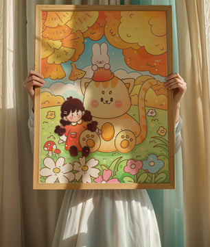 Ilustración caprichosa de una niña, un gato y un conejo en un paisaje otoñal