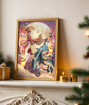 Dynamic anime scene with traditional attire and lanterns