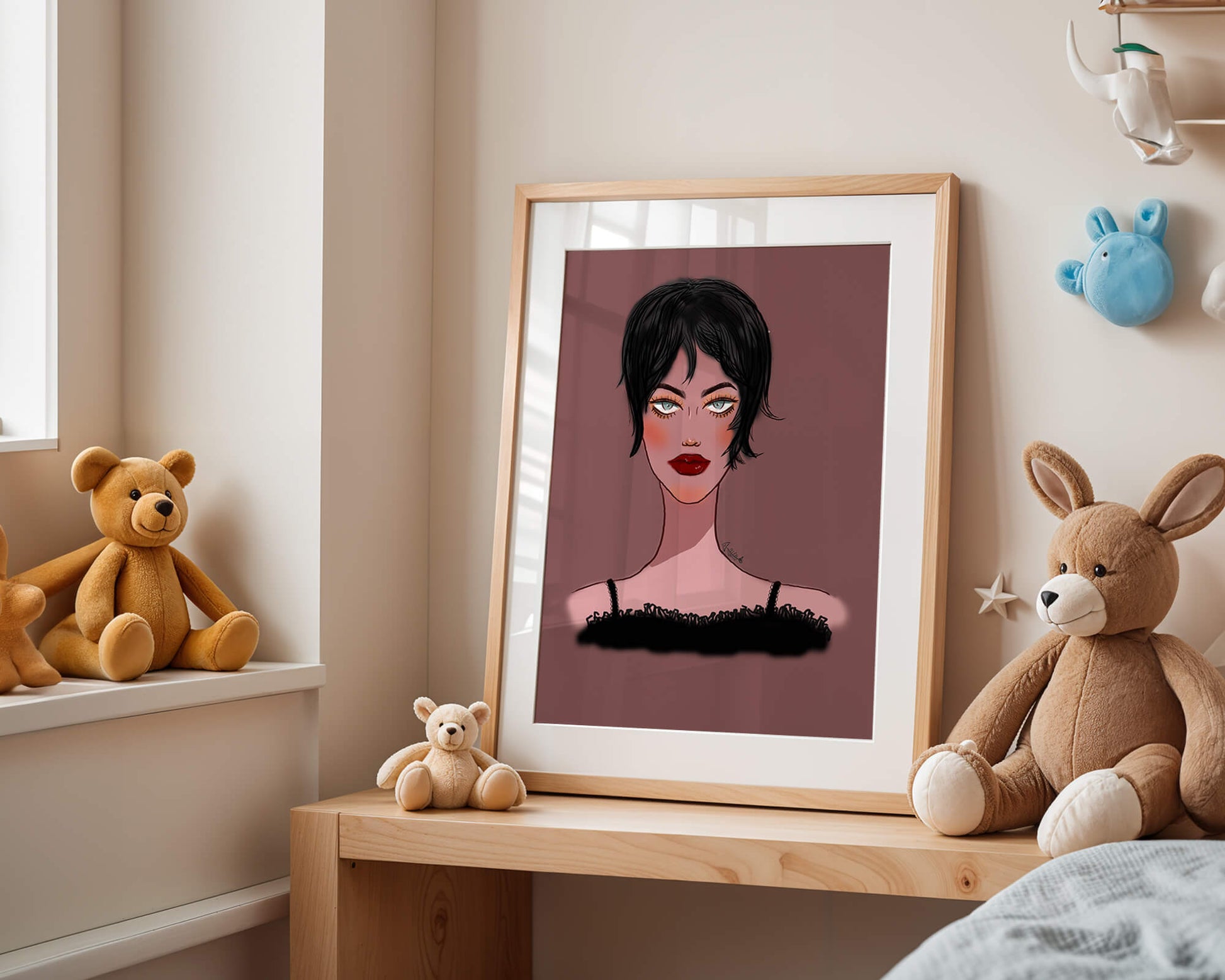 Illustration of a woman with short black hair and striking makeup on a brown background