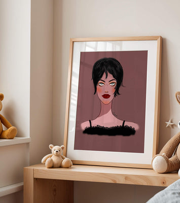 Illustration of a woman with short black hair and striking makeup on a brown background