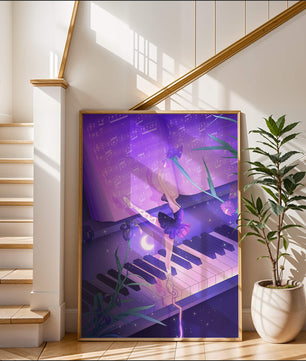 Graceful Ballerina Dancing on Piano Amidst Flowers and Musical Notes